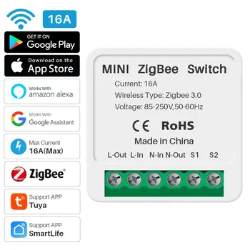 16A Мини Интелигентен Превключвател Zigbee за Двустранно Управление на Hristo APP дистанционно Управление Работи с Hristo Zigbee Портал Поддръжка на Google Home Алекса
