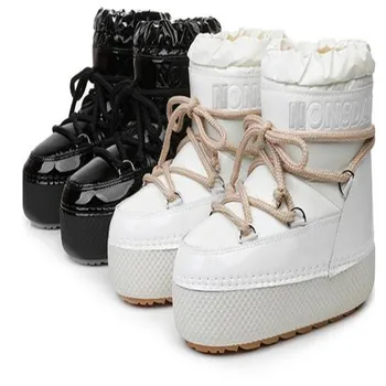 Маркови дизайнерски зимни обувки дантела 2023, Зимни дамски нескользящие непромокаеми кожени ски обувки на платформа, Дамски дебели топли памучни обувки